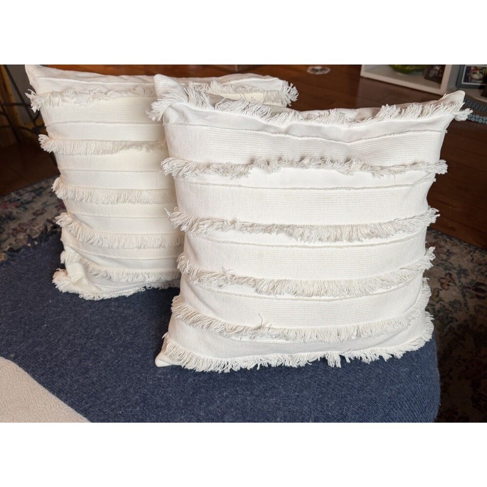 West Elm Cream Fringe Pillow Cover Only  Cotton Zip Off Set Of 2
